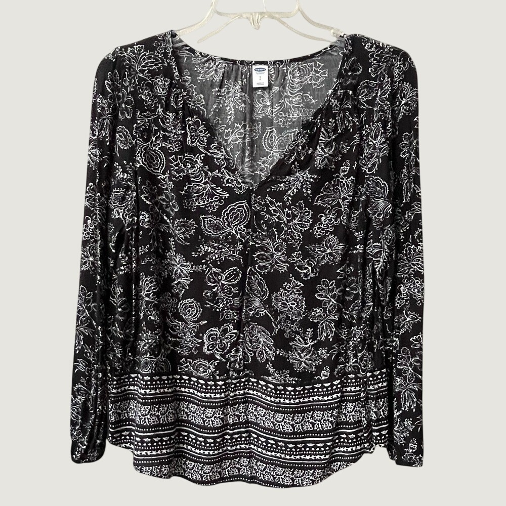 Old Navy Floral V Neck Long Sleeve Blouse Womens Small Black White Boho Flowy